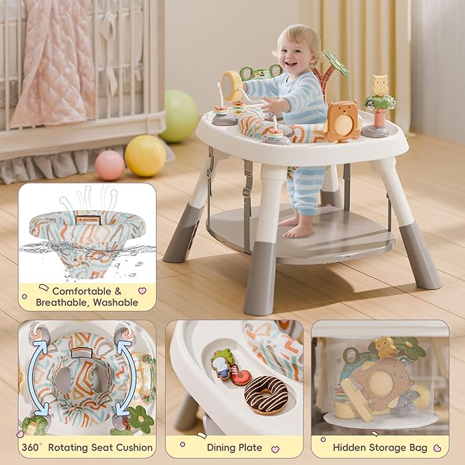 Baby Activity Center, Baby Jumpers and Bouncers with 5 Toys, Lights & Music, Adjustable Heights, 3-Stage Activity Center & Play Table, 360° Rotary Interactive Play Center for Baby Ages 6m+ (White)