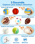 Vanmor Sensory Sports Balls for Babies 6-12M+, 6 Pack Machine Washable Plush Ball Set with Crinkle, Rattles, Squeaky Sounds, Toddler Learning Toys, Portable Travel Bag, Baby Shower Toy for Newborn