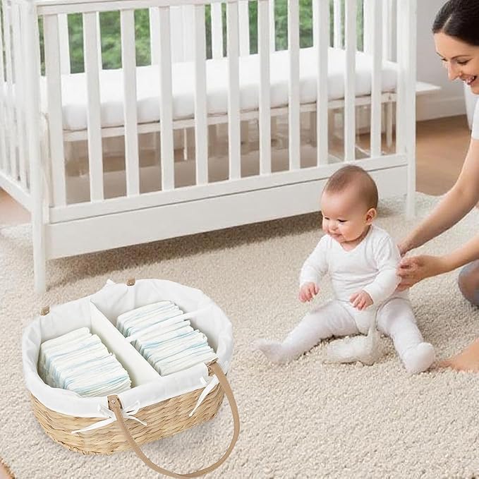 Handwoven Wicker Diaper Caddy Organizer, Multi - functional Baby Diaper Bag for Nursery & Home Storage, Detachable Lining, PU Handles, Baby Registry Must Haves (Water hyacinth)