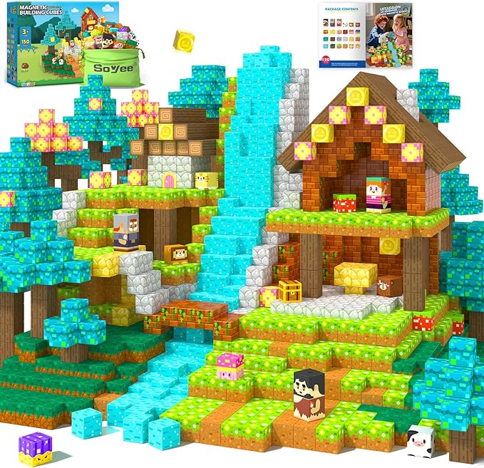 Soyee 150PCS Magnetic Blocks - Magnetic Building Blocks Stacking Magnets Toys for Kids Montessori Sensory STEM Toddler Construction Toys for Ages 3-5 5-7 8-13 Christmas Birthday Gifts