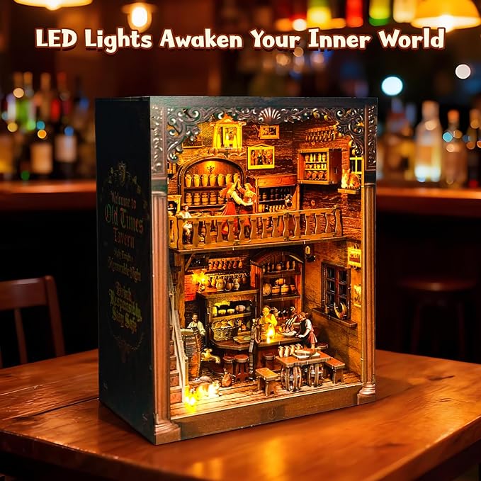 DIY Miniature House Kit, Book Nook Kit, 3D Wooden Puzzles Bookshelf Craft Kits, Dollhouse Kit with LED Light, Mini Building Kit for Adults Teen to Build (Old Time Tavern)