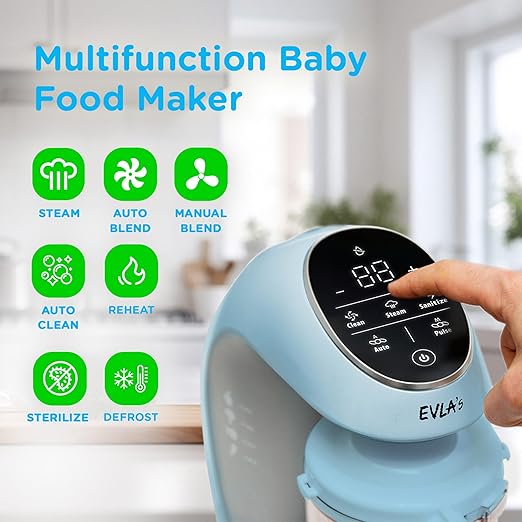 EVLA'S Baby Food Maker, Steamer, Blender, Baby Food Processor for Healthy Homemade Baby Food in Minutes, Touch Screen with 6 Reusable Food Pouches, Baby Registry Essential, Blue