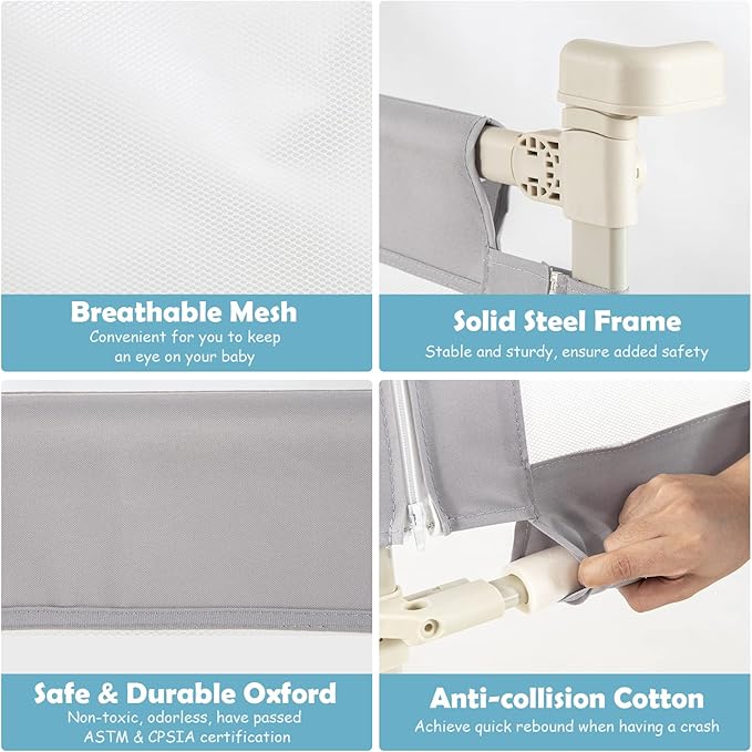 BABY JOY Bed Rail for Toddlers, 57’’ Extra Long, Height Adjustable & Folding Baby Bed Rail Guard w/Breathable Mesh & Double Safety Child Lock for Kids Twin Double Full Size Queen King Mattress (Gray)