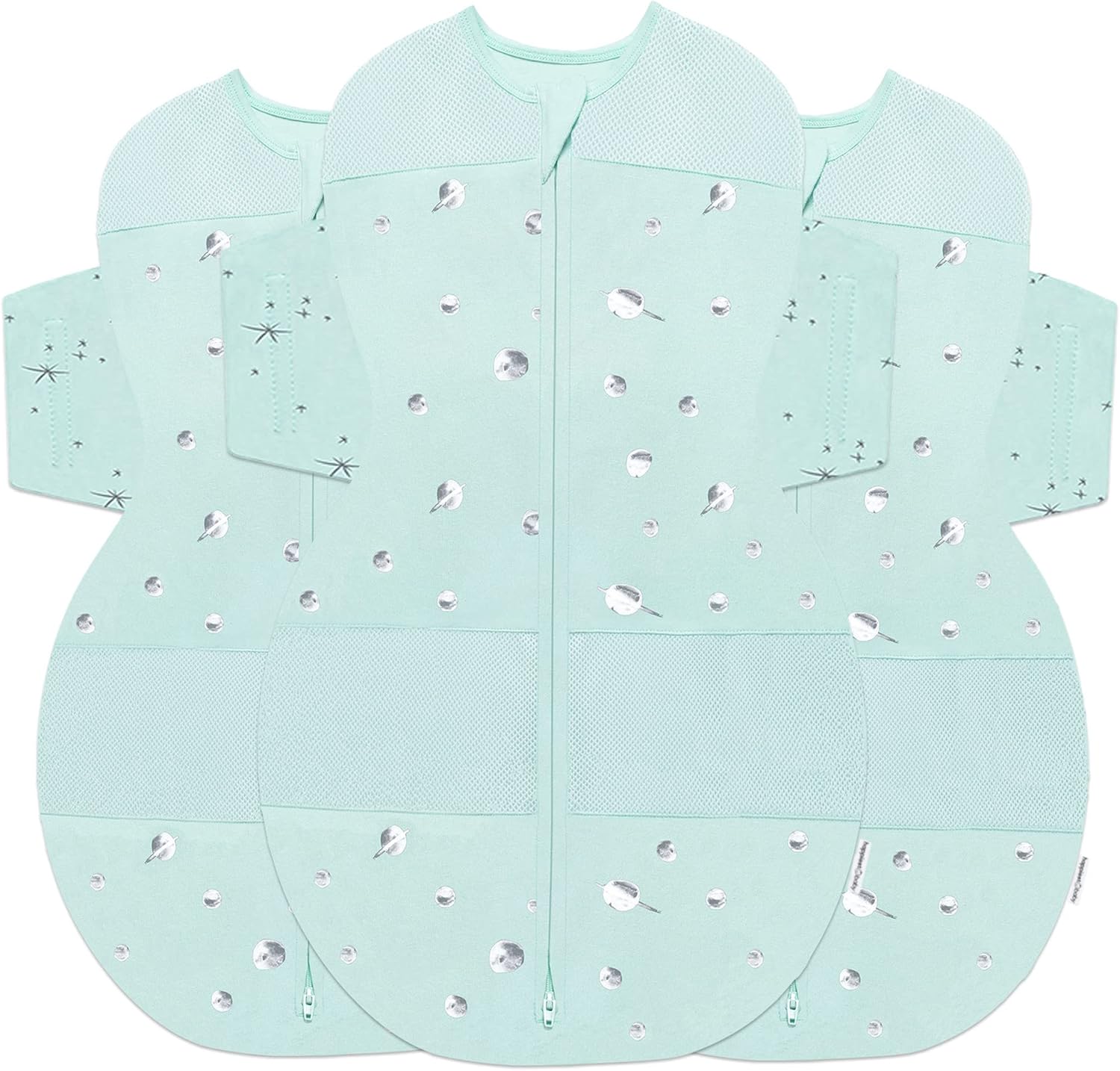 Happiest Baby SNOO Sleep Sack - 100% Organic Cotton Baby Swaddle Blanket - Doctor Designed Promotes Healthy Hip Development - 3-Pack Bundle (Teal Planets, S, M, L)