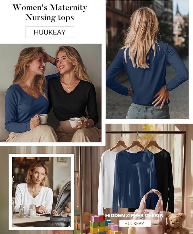 Huukeay 3 Pack Women's Long Sleeve Nursing Tops, Breastfeeding Hidden Zippers Shirts V Neck Maternity Pregnancy Tees Clothes