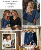 Huukeay 3 Pack Women's Long Sleeve Nursing Tops, Breastfeeding Hidden Zippers Shirts V Neck Maternity Pregnancy Tees Clothes