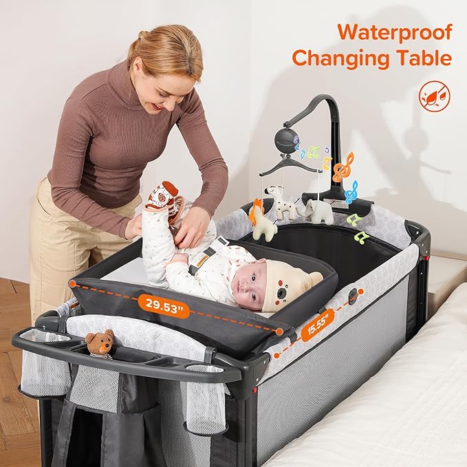 ELEMARA 4 in 1 Wide Baby Bassinet Bedside with Diaper Changer,Long Next to Bed Crib with Mattress,Sheet,Music and Blackout Cover,Playpen Travel Bed with Storage,XL Co Sleeper with 3 Adjustable Height