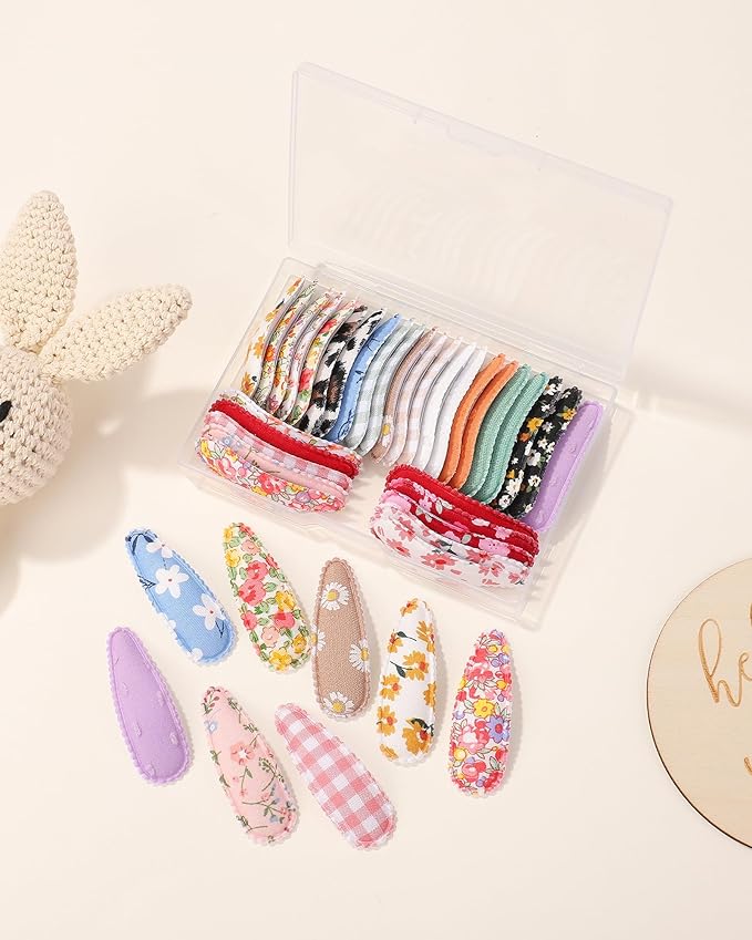 doboi 40 Pcs Floral Print Snap Hairpins, Hair Bows Clips, and Barrettes for Girls - Non-Slip Wrapped Flower Clips Hair Accessories