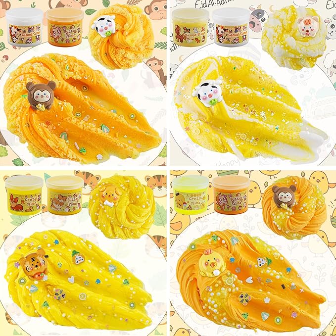 LAWOHO 6 Packs Gradient Yellow Slime Kit - Clear, Butter, Cloud Slimes, Fluffy Slimes for Kids with Charms & Animal Add-ins, Party Favors for Girls & Boys, 360ml Non Stick Slime Making Kit for Kids