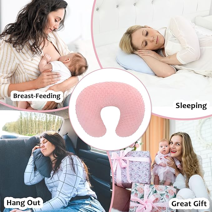 LAT Nursing Pillow for Breastfeeding with Removable Minky Cover,Ergonomic Breast Feeding Pillows for Mom and Baby,Machine Washable(Pink)