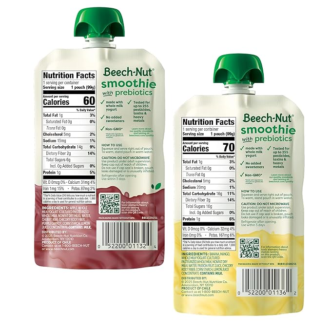 Beech-Nut Toddler Smoothies Variety Pack, Yogurt Smoothies with Prebiotics, Baby & Toddler Food Pouches, 3.5 oz (18 Pack)