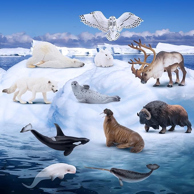 Toymany 12PCS 4-7" Large Polar Animals Figurines, Plastic Arctic Animal Toy Preschool Set Includes Polar Bear,Caribou,Whales,Walrus, Cake Toppers Christmas Birthday Toys Gift for Kids Toddlers