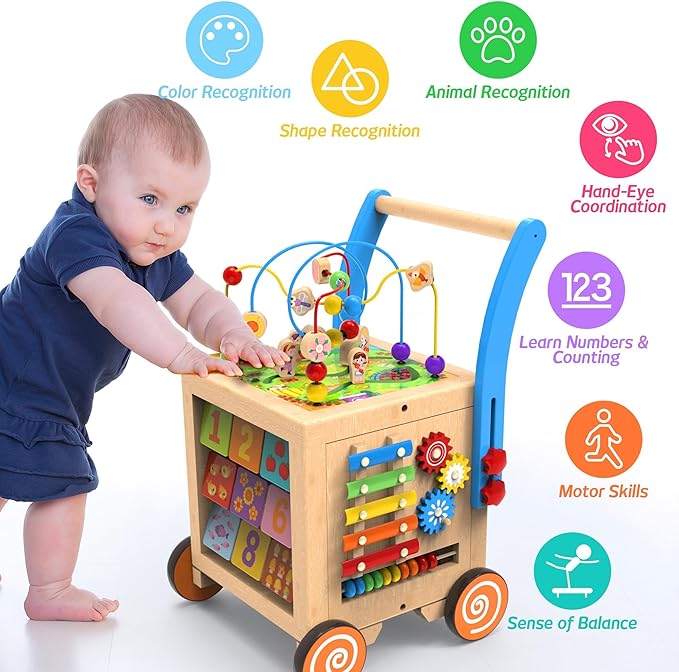 9-in-1 Wooden Activity Cube | Wooden Baby Walker, Sit-to-Stand Learning Walker Activity Center, Early Educational Push & Pull Toys for Baby Toddler Boys Girls, Height & Brake Adjustable