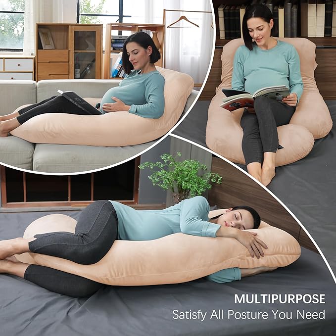 MOON PARK Pregnancy Pillows for Sleeping - U Shaped Full Body Maternity Pillow with Removable Cover - Support for Back, Legs, Belly, HIPS - 65 Inch - Brown