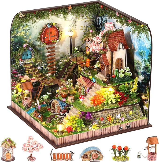 DIY Miniature House Kit, Forest Book Nook Kit with Music, 3D Wooden Puzzles for Adults, Dollhouse Kit with LED Light, Mini Building Kit, Craft Kit for Adults Teen to Build (Forest Garden)