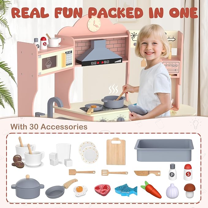 ANPABO Play Kitchen for Kids, Wooden Kitchen Playset w/Real Lights & Sounds, Coffee & Ice Maker, Microwave, Stove, 30Pcs Accessories Include Play Food, Pretend Play Set for Boys & Girls, Pink