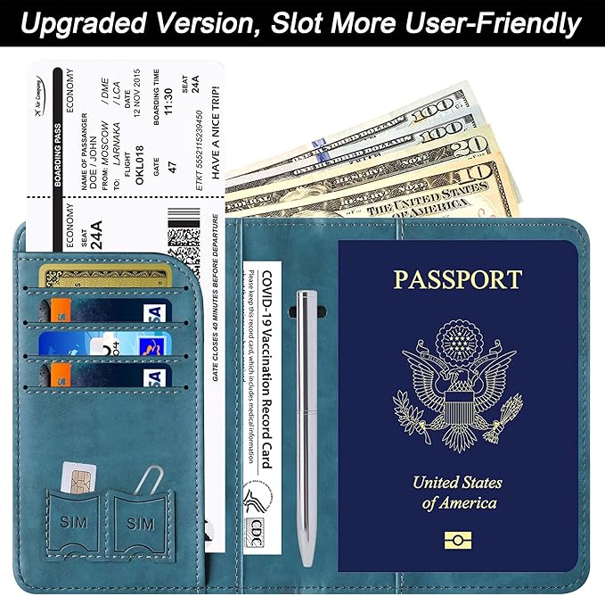 Passport Holder Cover Wallet Travel Essentials Leather Rfid Blocking Case Vacation Luggage Must Haves Travel Accessories for Men Women (116#Blue)