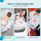 Baby Support Base for Awake Time – Foldable & Soft – 100% Cotton - Machine Washable - Perfect Baby Gift– Breathable & Soft Travel for Baby Boys & Girls (Feathers n Leaves-Grey)