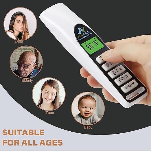 Amplim Baby Thermometer | 3-in-1 Accurate Infrared Thermometer for Ear, Forehead & Touchless, Fever Thermometer for Baby, Infants, Toddlers, Kids & Adults | White Base Stand & Clock