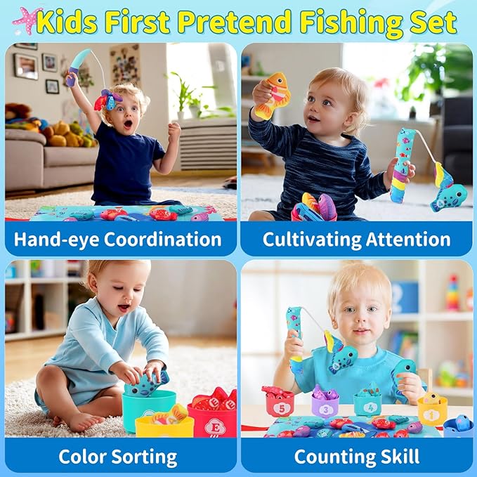 Montessori Cloth Fishing Game Toy for Kids, 23PCS Stacking Cups with Numbers Counting, Color Sorting & Shape Learning, Toddler Educational Toys for Babies, Birthday Easter Gift for Boys Girls