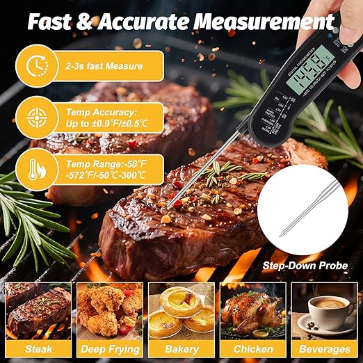 Meat Thermometer Digital, Waterproof Instant Read Cooking Thermometer with LCD Backlight, Magnetic Back & Bottle Opener for Kitchen, Baking, Sous Vide, Outdoor Grilling,Candy Making