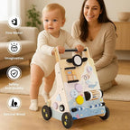 PairPear Polar Explorer Wooden Baby Walker, Montessori 9-in-1 Activity Push Walker Activity Center Toys with Adjustable Speed & Height, Penguin Mirror, Shape Sorter Learning Toys Gift for Toddler 1-3