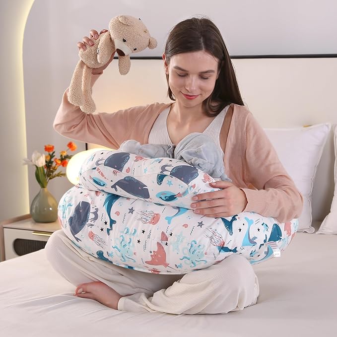Nursing Pillow for Breastfeeding,Ergonomic Baby Feeding Pillows with Removable Washable Cotton Slipcover, Adjustable Waist Strap,Plus Size,More Support for Mom and Baby(Underwater World) 新品