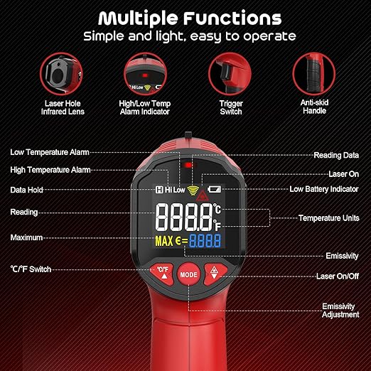 Infrared Thermometer Gun,SQECH Laser Thermometer Gun -58℉～1112℉(-50℃～600℃),Non-Contact Temperature Gun with Adjustable Emissivity&Color Backlight for Cooking, Pizza Oven,BBQ,Fridge,Engine,HVAC(Red)