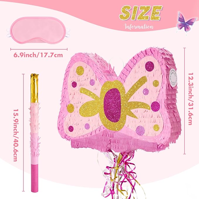 WERNNSAI Pink Bow Piñata - Girls Birthday Party Decoration Bow Tie Piñata with Blindfold and Bat for Kids Princess Theme Party Supplies favors