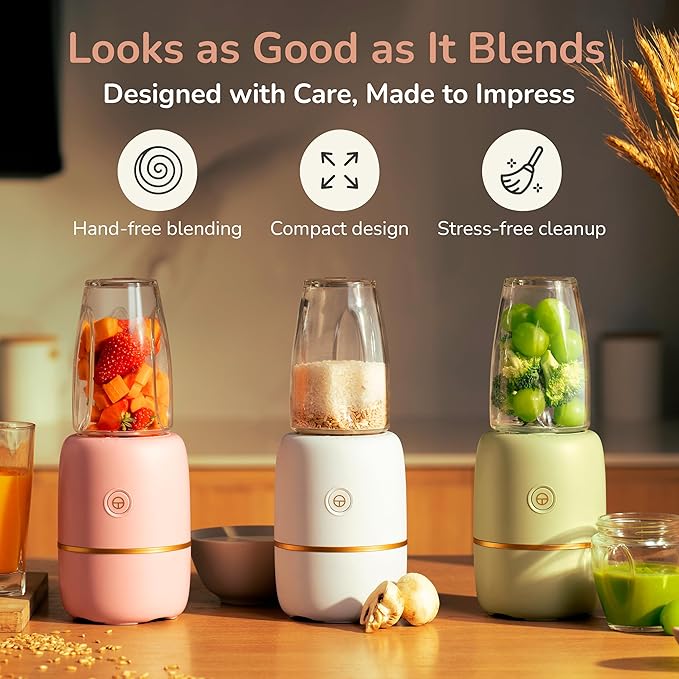 Bubble Blender, Baby Food Maker & Puree Blender with 2 Borosilicate Glass Cups, Compact Baby Bullet for Smoothies, Hands-Free One-Touch, 200W Motor, Cream