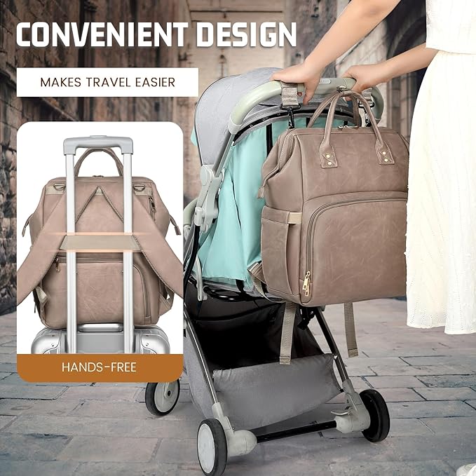 Premium Vegan Leather Diaper Bag Backpack with Waterproof Changing Pad – Reinforced Stitching & Zippers, Baby Bag for Boy Girl, Stroller Straps, Ergonomic Design for Traveling Moms, Taupe