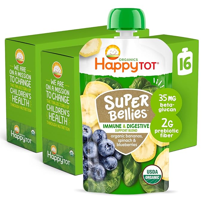 HAPPYTOT Organics Stage 4 Baby Food Pouches, Gluten Free, Vegan Snack, Super Bellies, Fruit & Veggie Puree, Banana, Spinach & Blueberries 4 Ounce (Pack of 16)