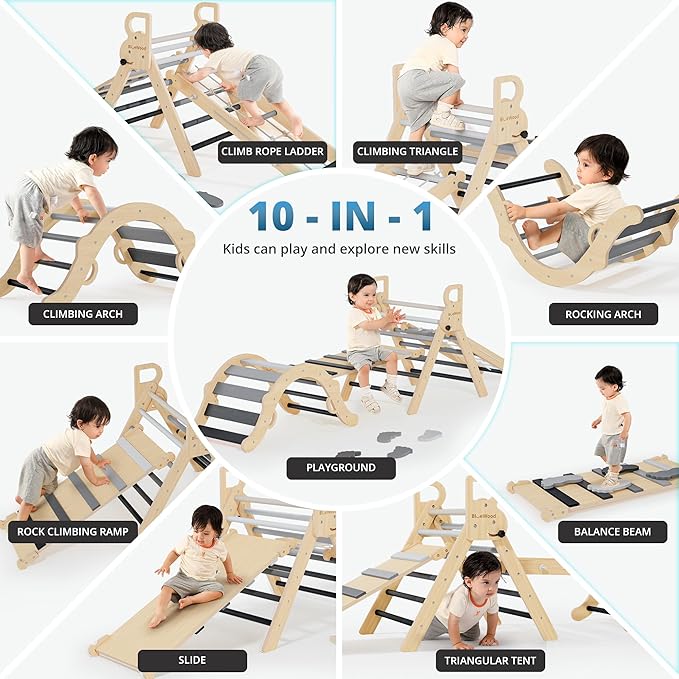 BlueWood 10-in-1 Pikler Triangle Set, Toddler Climbing Toys Indoor, Montessori Climber, Baby Jungle Gyms with Arch, Extra Rope Ladder & Footprint Balance Beam - Grey Twilight