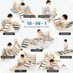 BlueWood 10-in-1 Pikler Triangle Set, Toddler Climbing Toys Indoor, Montessori Climber, Baby Jungle Gyms with Arch, Extra Rope Ladder & Footprint Balance Beam - Grey Twilight