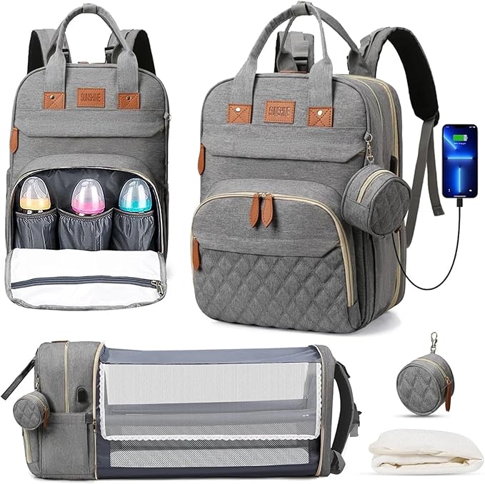 Diaper Bag Backpack – Large Waterproof Baby Bag with USB Charging Port, Changing Pad & Stroller Straps – Stylish, Durable & Hands-Free Travel Organizer for Moms & Dads (Grey)