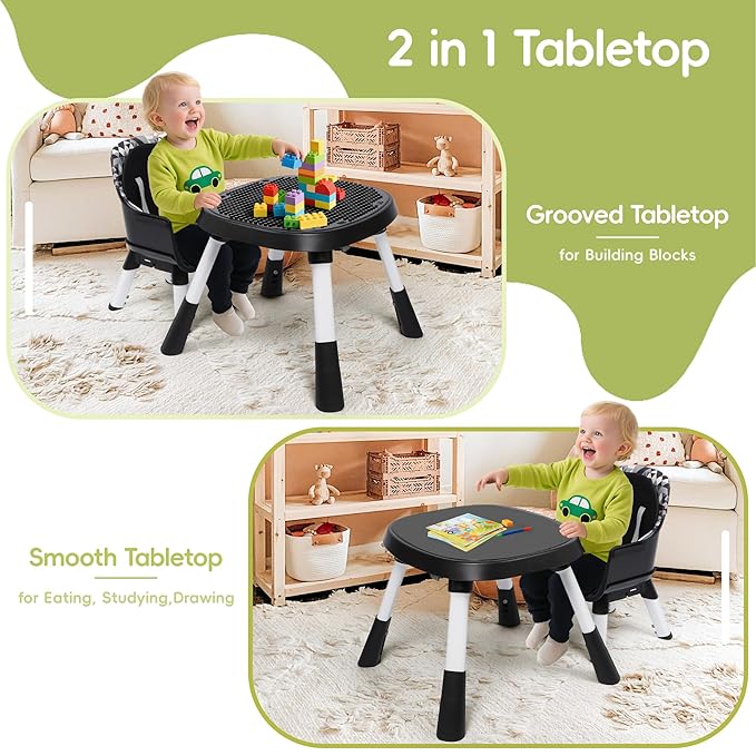 15 in 1 Convertiable High Chair for Babies and Toddlers, 2 in 1 Highchair & Activity Center w/Toys, Booster Seat, Toddler Chair w/5-Point Harness & Removable Tray & 2-Layer Cusion (Black)