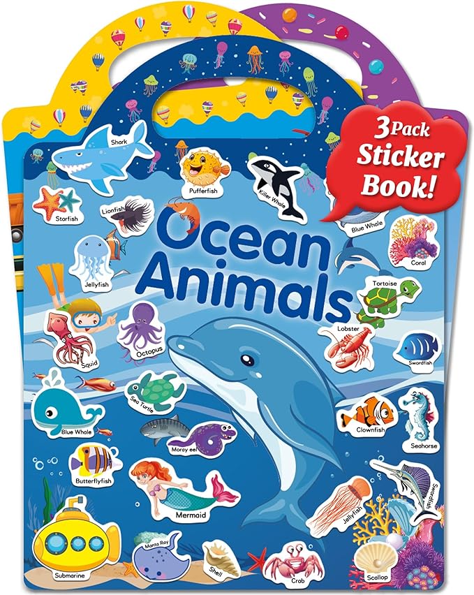 Benresive Reusable Sticker Books for Kids 2-4, Sticker Books for Toddlers 1-3 2-4, Toddler Travel Toys Activities Crafts Gifts - Ocean Animals, Fairy and Vehicle