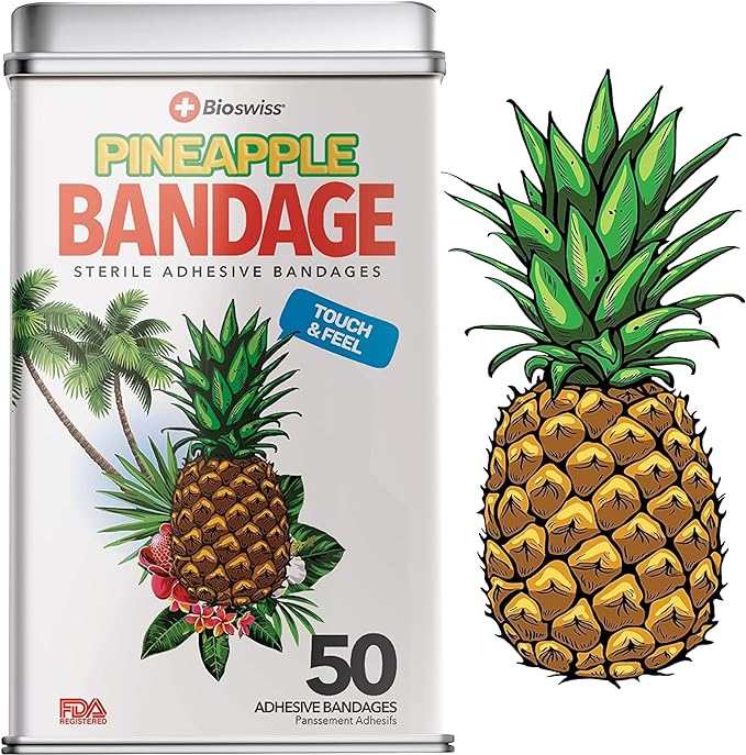 BioSwiss Bandages, Pineapple Shaped Self Adhesive Bandage, Latex Free Sterile Wound Care, Fun First Aid Kit Supplies for Kids, 50 Count
