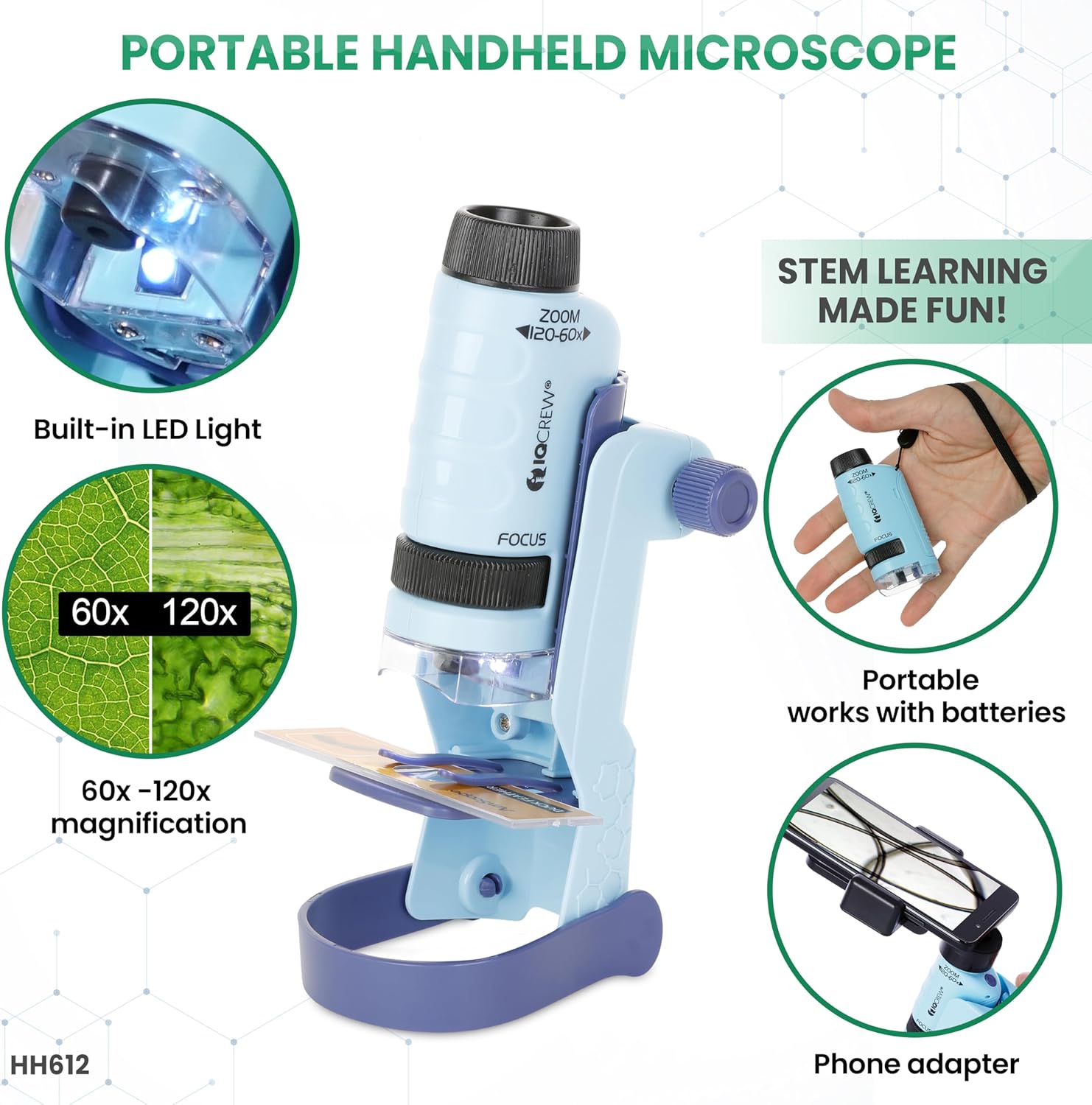 AMSCOPE-Kids 120X-1200X White Metal Arm Starter Kids Student Microscope Kit with Water Purification Activity Kit and Experiment Cards - M30-ABS-KT2-W-KVB1