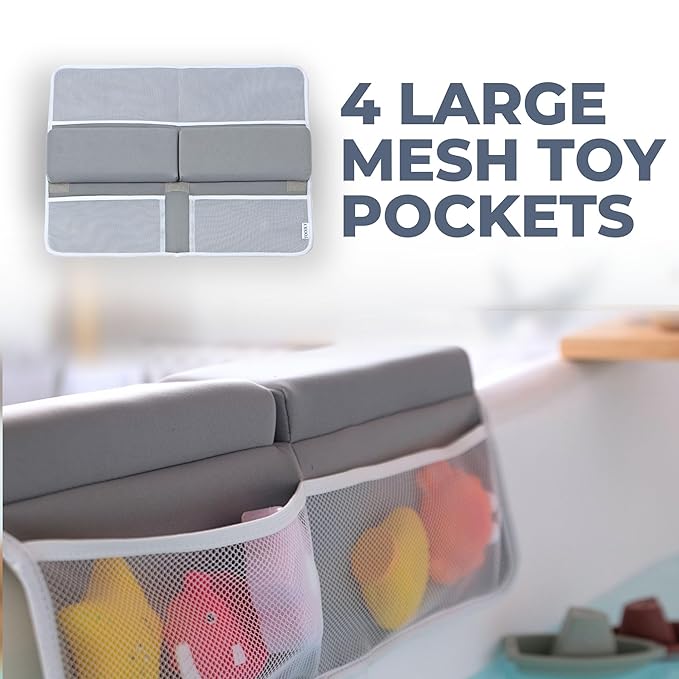 Comfortable Baby Bath Kneeler and Elbow Rest Pad Set – Thick Memory Foam Bath Kneeling Pad with Elbow Support – Baby Bathtub Cushion with Toy Organizer for Bathing Infant or Toddler - Grey