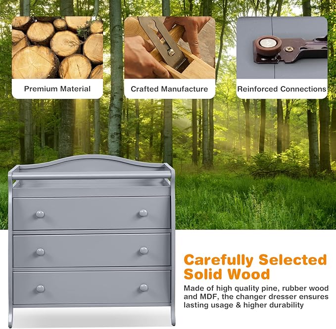 Costzon 3-Drawer Changing Table, Infant Diaper Changing Station with Drawers, Safety Rails & Strap, Baby Changing Table Dresser for Nursery, Easy Assembly (Gray)