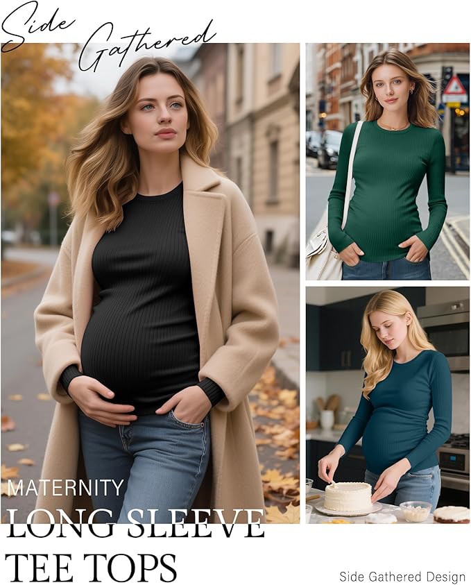 Ficerd 4 Pack Women's Maternity Shirts Cotton Long Sleeve Ribbed Crew Neck Pregnancy Tops Side Ruched Casual Mama Clothes