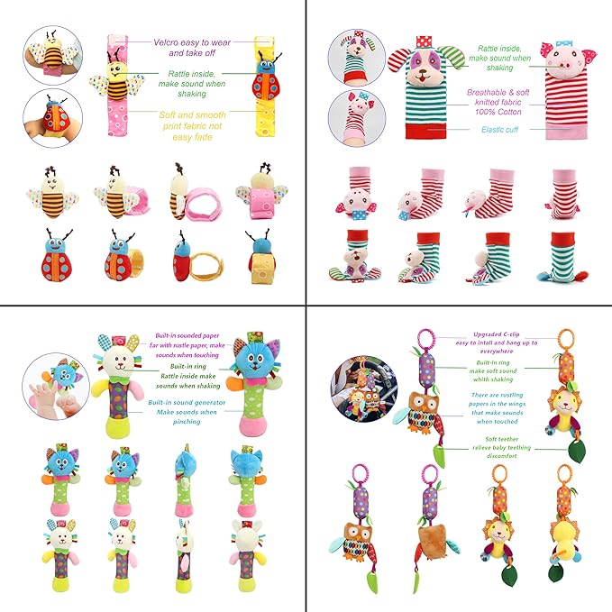 BLOOBLOOMAX Baby Soft Hanging and Wrist Rattle Toy, Car Seat Stroller Toys with Plush Animal C-Clip Ring for Infant Babies Boys and Girls 3 to 12 Months (12PCS-G)