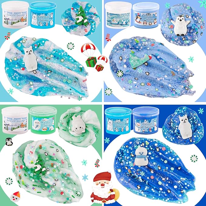 LAWOHO 6 Packs Snow Slime Kit - Butter, Clear, Water, Cloud Slimes, Fluffy Slime Making Kit for Kids with Cute Charms & Add-ins, Blue Kids Slimes Kits for Girls & Boys Birthday Christmas Easter Gifts