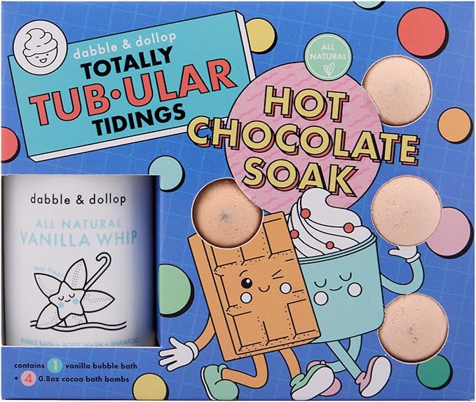 Dabble & Dollop Totally Tub-ular Tidings Hot Chocolate Soak - Holiday Bath Gift Set with 4 All-Natural Cocoa Bath Bombs and Vanilla Whip 3-in-1 Bubble Bath, Body Wash & Shampoo