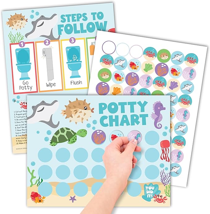 Hadley Designs Potty Training Chart for Toddlers Boys -10 Sticker Potty Chart for Toddlers Girls, 8.5x11" Potty Training Sticker Charts for Toilet Success, Under The Sea Toddler Reward Chart for Kids