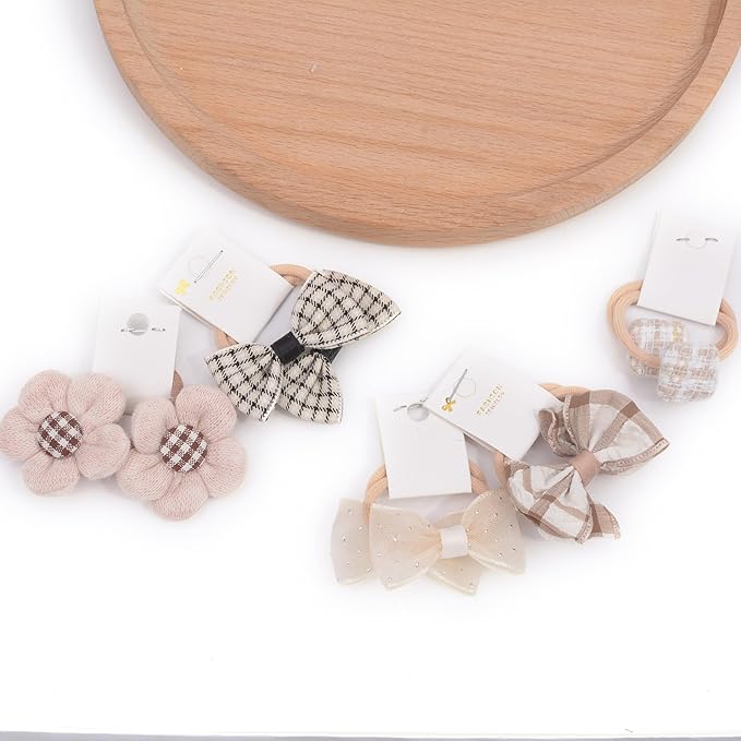 Boutique Baby Hair Bows and Elastics, 20 Pcs Toddler Ponytail Holders with Bows, 1.2 Inch Pigtails Rubber Bands Hair Accessories for Little Girls (Set-D)