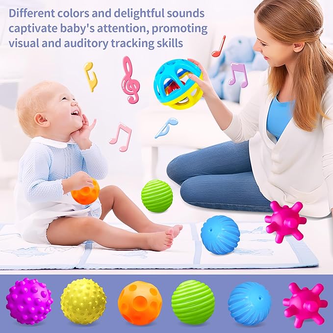 Sensory Balls - Montessori Toys, Multiple Textures Toddler Sensory Toys for Babies 1-3, Hand Catching Baby Balls, Blue Rattle 3-6 Months