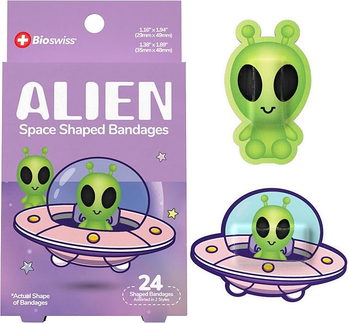 BioSwiss Bandages, Halloween Alien Shaped Self Adhesive Bandage, Latex Free Sterile Wound Care, Fun First Aid Kit Supplies for Kids, 24 Count