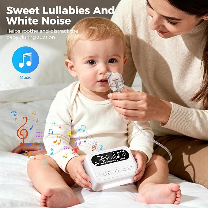 Nasal Aspirator for Baby, Baby Nose Sucker with 9 Suction Levels, Electric Nose Suction for Baby with Night Light, Can Play Lullabies, Equipped with 3 Food-Grade Silicone Nozzles and Tweezers (White)